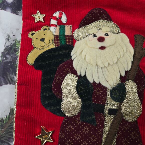 Vintage Old World Santa Red Corduroy Christmas Stocking Applique Star Buttons - Picture 8 of 13